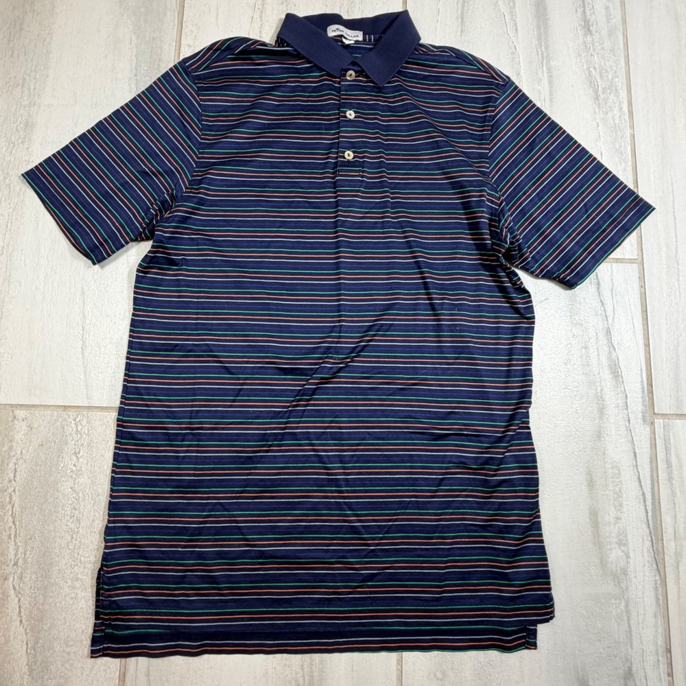 Peter Millar Mens Navy Multi Color Striped Cotton Polo Shirt MS20K08 Size Medium